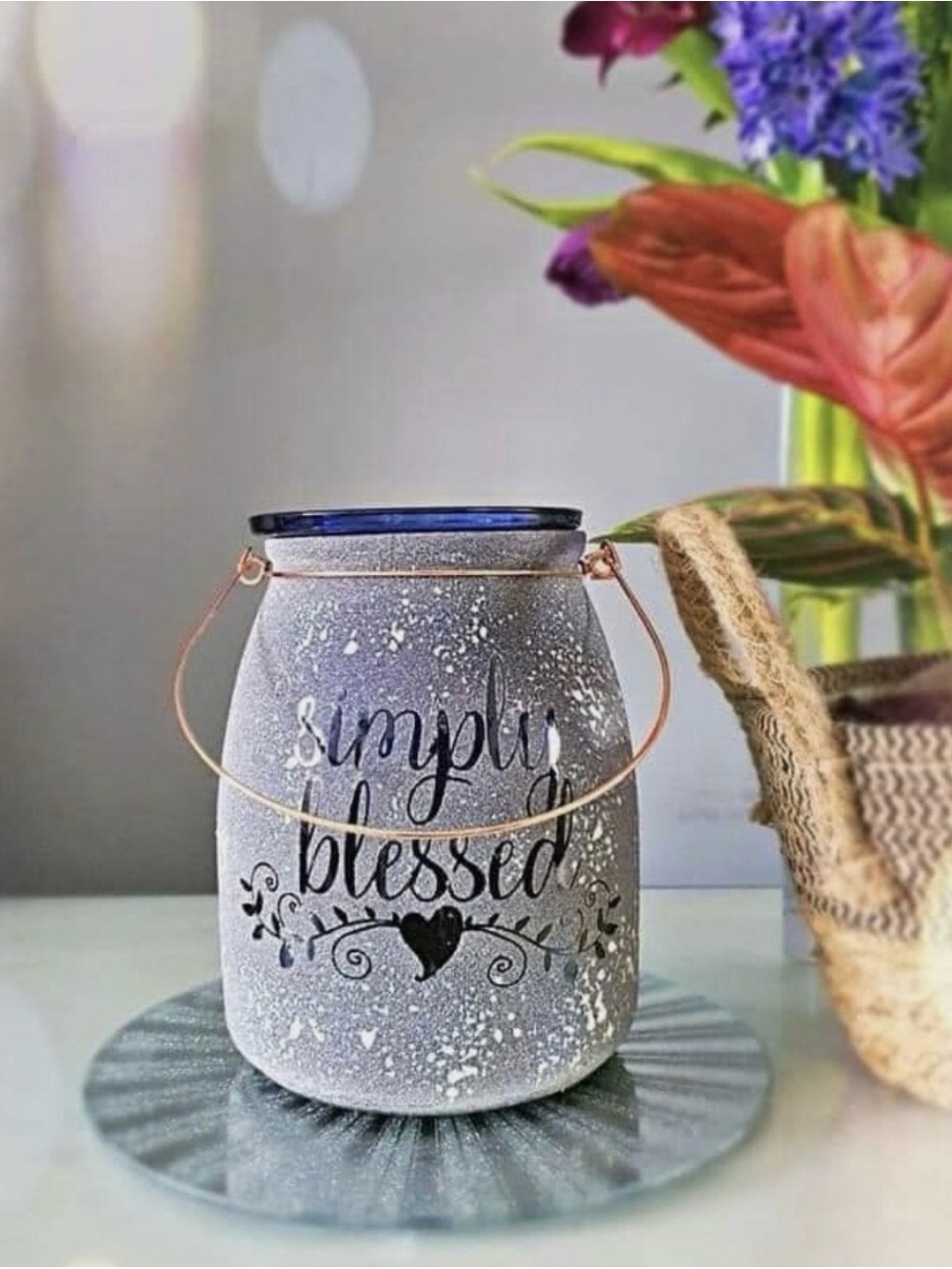 Scentsy Gray 'Simply Blessed' Lantern with Copper Handle and Blue Rim